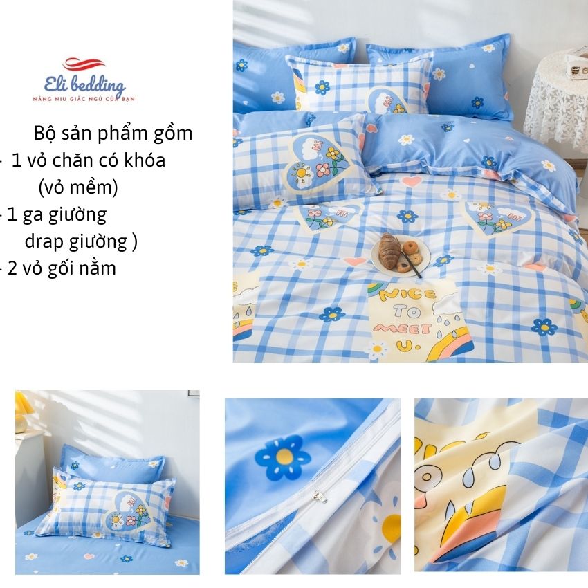 [Tặng quà 30k] Bộ chăn ga cotton poly Hàn Quốc Caro Nine Eli bedding CG06 , cotton mềm mịn, không nhăn, không phai màu, không có rút khi giặt máy,  tặng 1 vỏ gối ôm kt 35x105cm bất kỳ