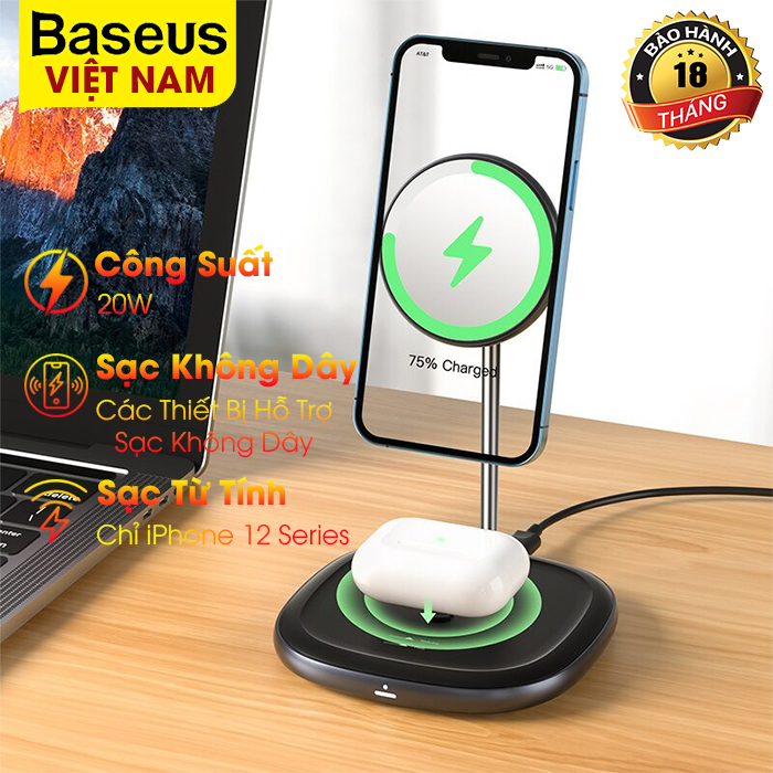 Sạc không dây Baseus 2 trong 1 Magnetic for iphone 12 seri, công suất 20W sạc hai thiết bị cùng một lúc, tích hợp giá đỡ điện thoại cho iPhone 13 , Samsung, Xiaomi, Huawei,.... - phân phối chính hãng tại Baseus Việt Nam