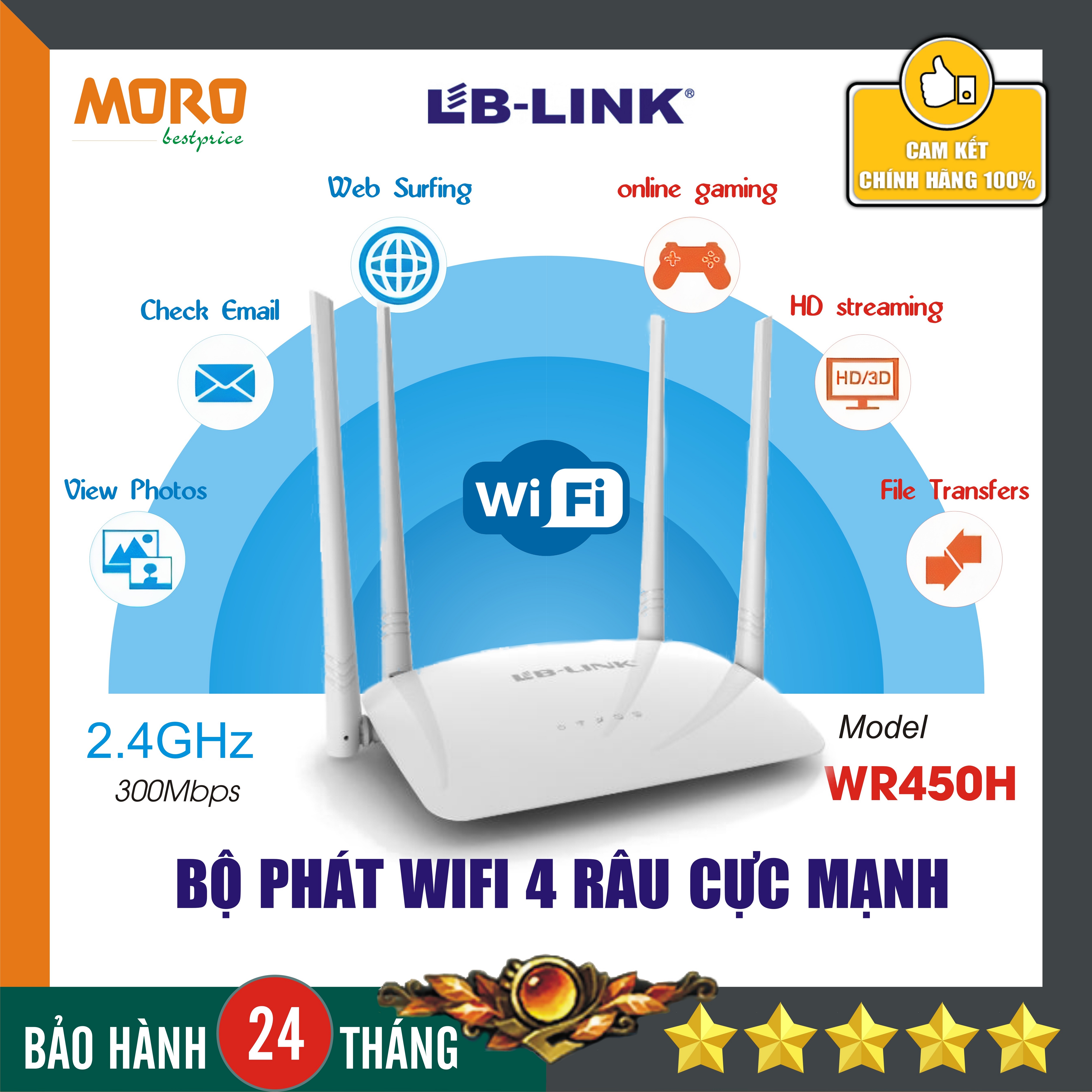 Bộ phát sóng wifi 4 râu cực mạnh LB-LINK BL-WR450H - Hàng chính hãng bảo hành 24 tháng!!!