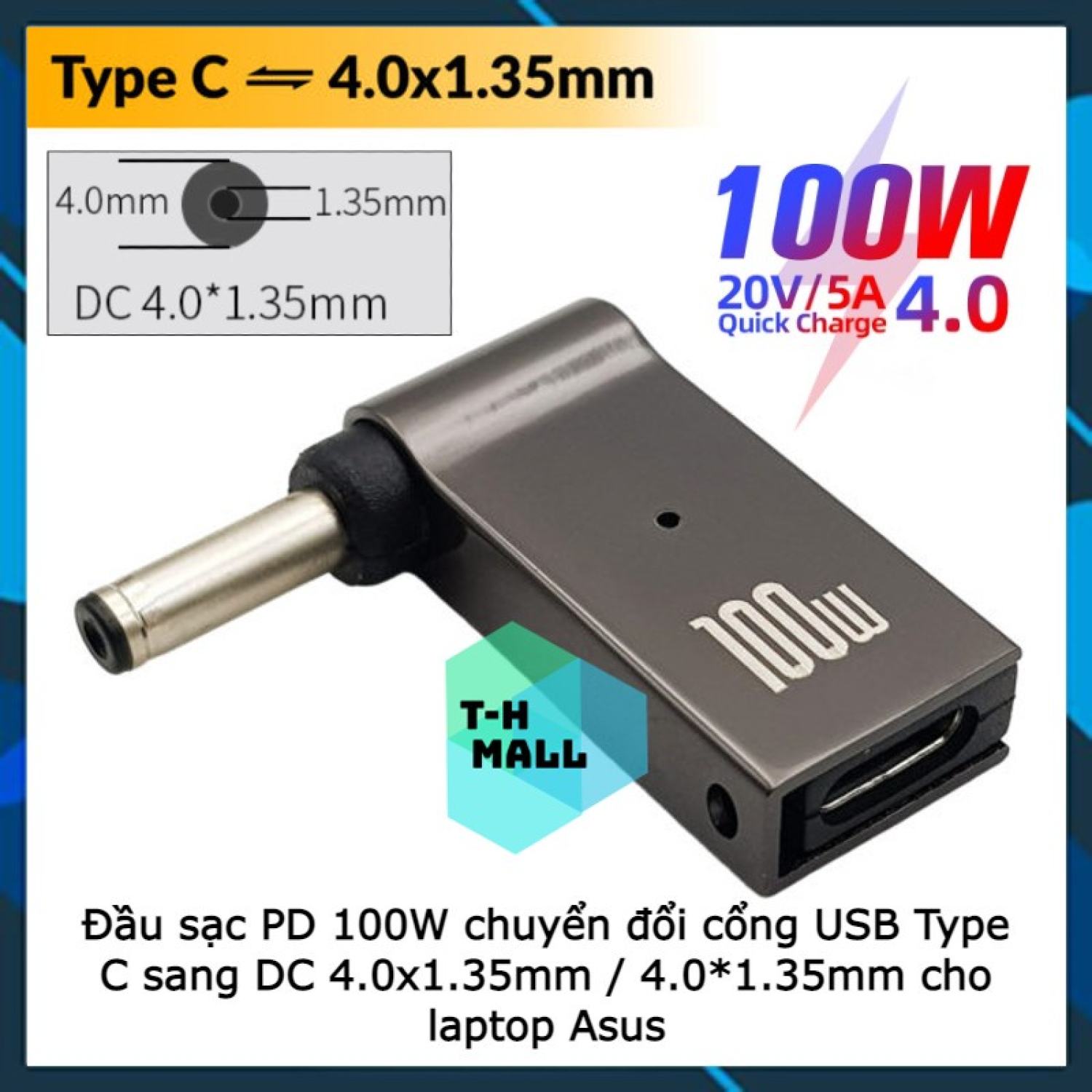Dây Cáp Sạc Đầu Chuyển Đổi Cổng PD 100W 65W cổng USB Type C sang DC 4.0x1.35 mm 4.0*1.35 mm cho laptop Asus