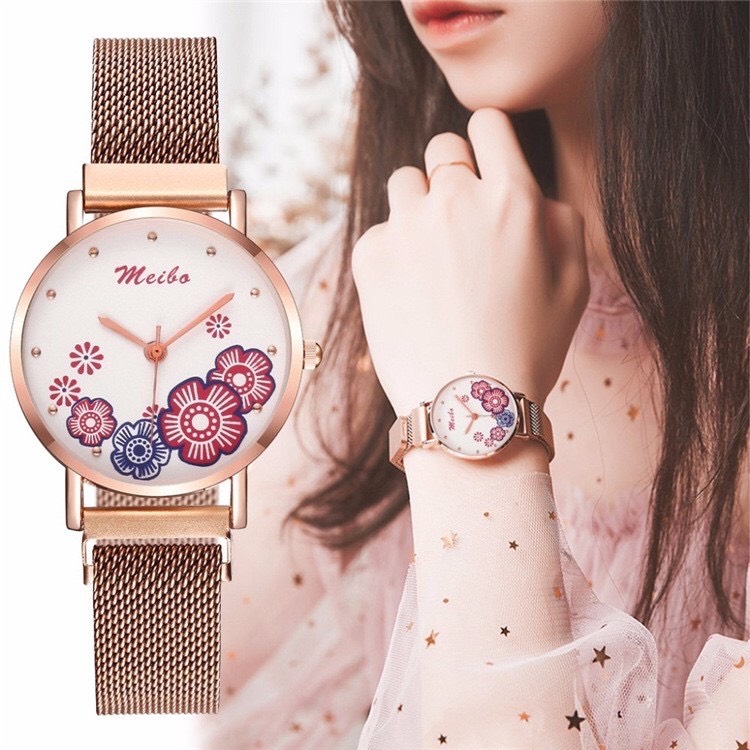 Đồng hồ thời trang nữ Meibo Mb1 mặt hoa dây nam lưới khóa nam châm siêu đẹp 44xr1e