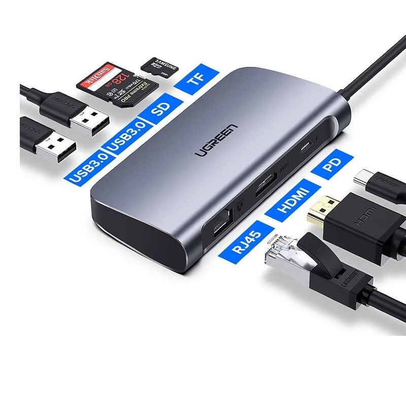 Ugreen 50852 20cm màu xám hub type c 7 trong 1 docking ethernet + 4k hdmi + 2 x usb 3.0 + đọc thẻ micro sd + 100w sạc pd cm212