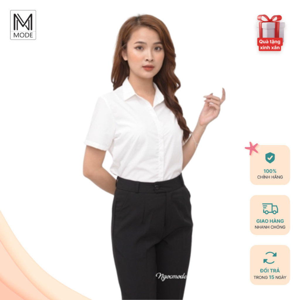 Áo Sơ Mi Công Sở Nữ Ngocmode Trơn Cộc Tay, Dáng Suông Sang Trọng Chất Liệu Cao Cấp Dạo Phố, Đi Học, Đi Làm -Trắng/Xanh