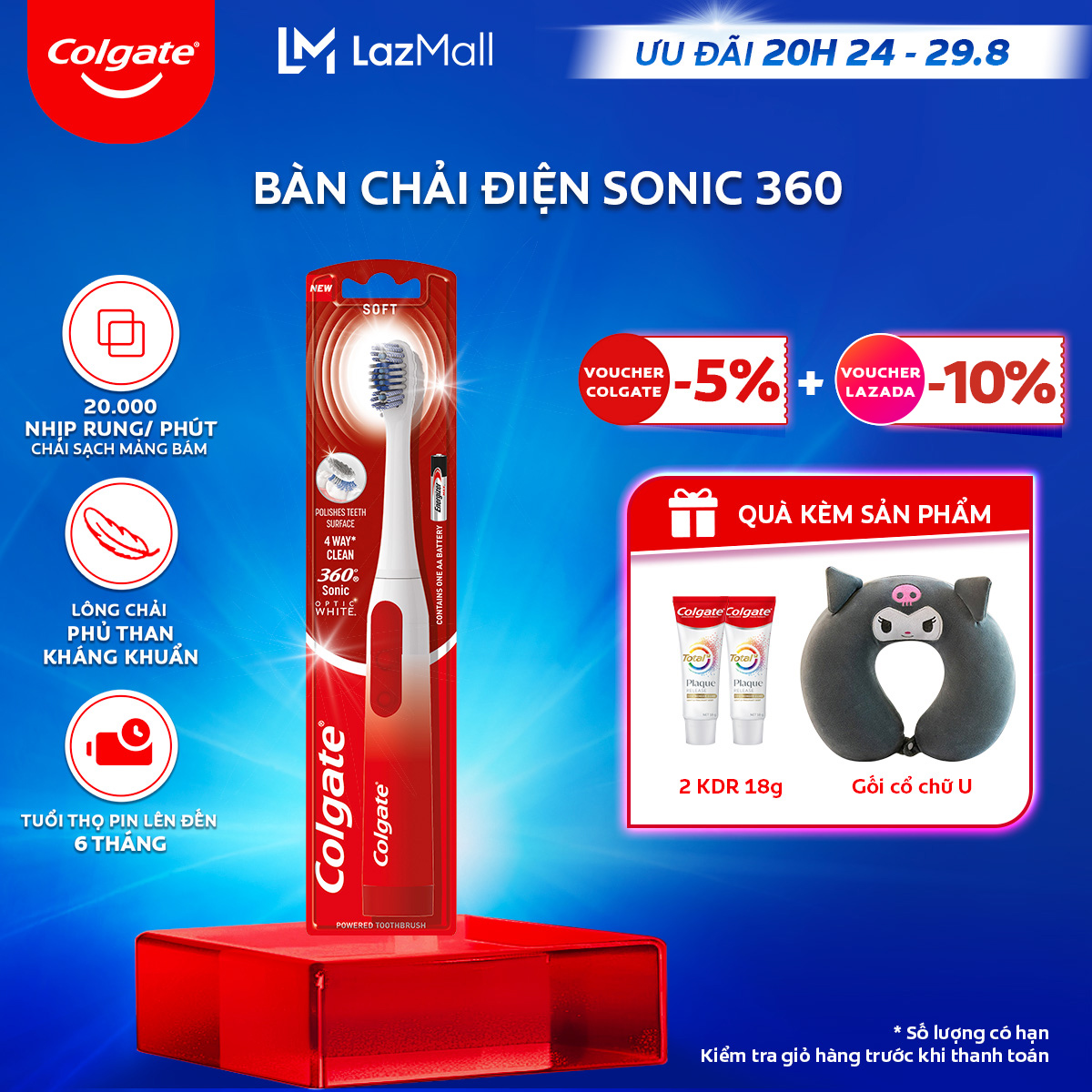 [Ưu đãi 20H 24.8 - 29.8_Áp voucher Colgate 5% + voucher LZD 10%]Bàn chải điện Colgate Sonic 360 Charcoal công nghệ sóng âm rung 20.000 nhịp/phút