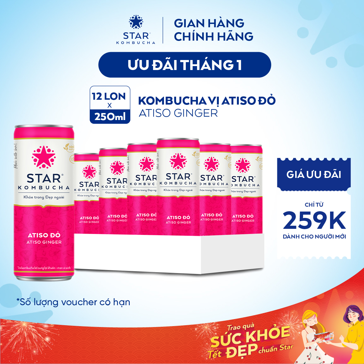  Thùng 12 lon trà STAR KOMBUCHA hữu cơ Atiso đỏ   Atiso Ginger  250ml lon  