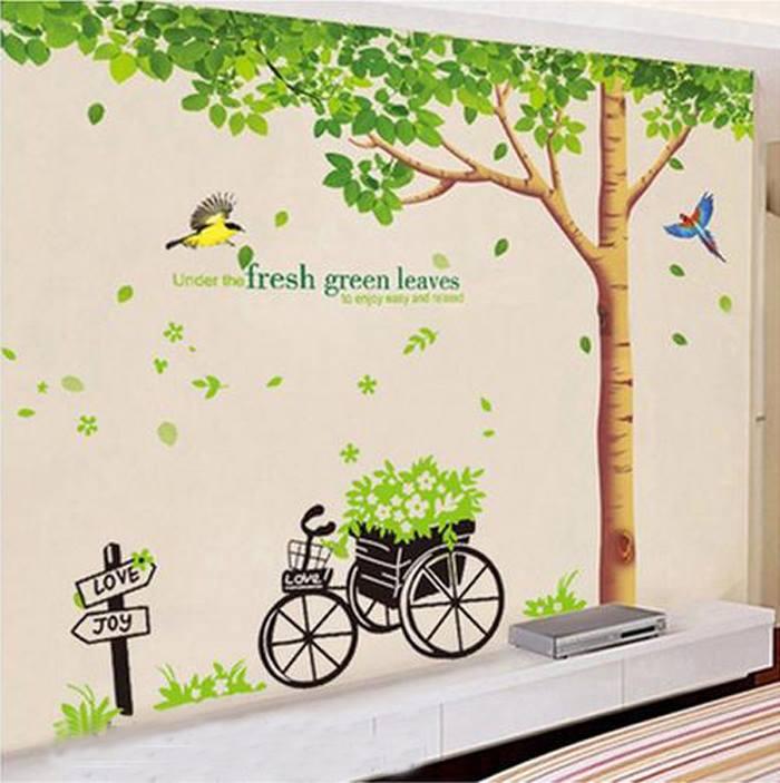 Decal dán tường Cây sồi cổ thụ và xe đạp chở hoa- M47-vivadecal