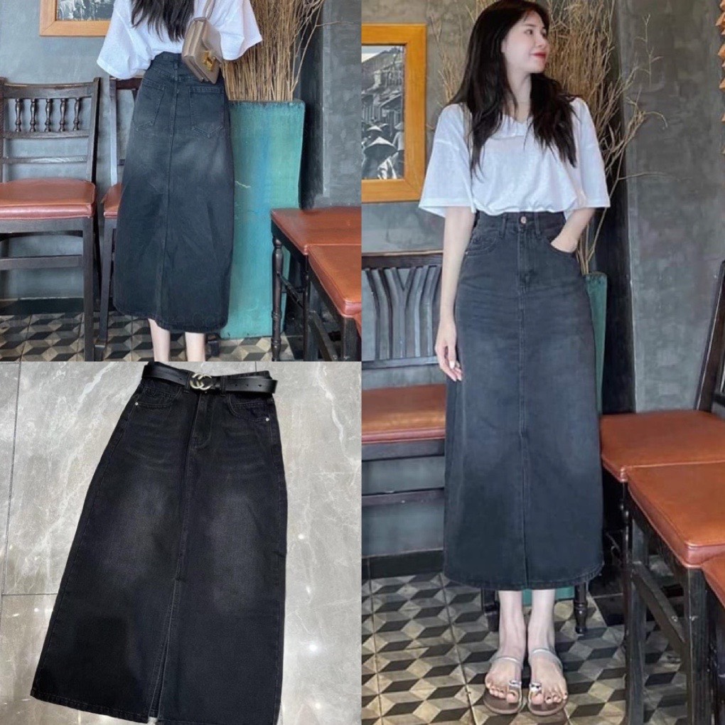 Chân váy chữ A Chân váy Jean dài cạp cao xẻ lưng sau có điều chỉnh eo trẻ  trung năng động phong cách Hàn Quốc VAY026  Shopee Việt Nam