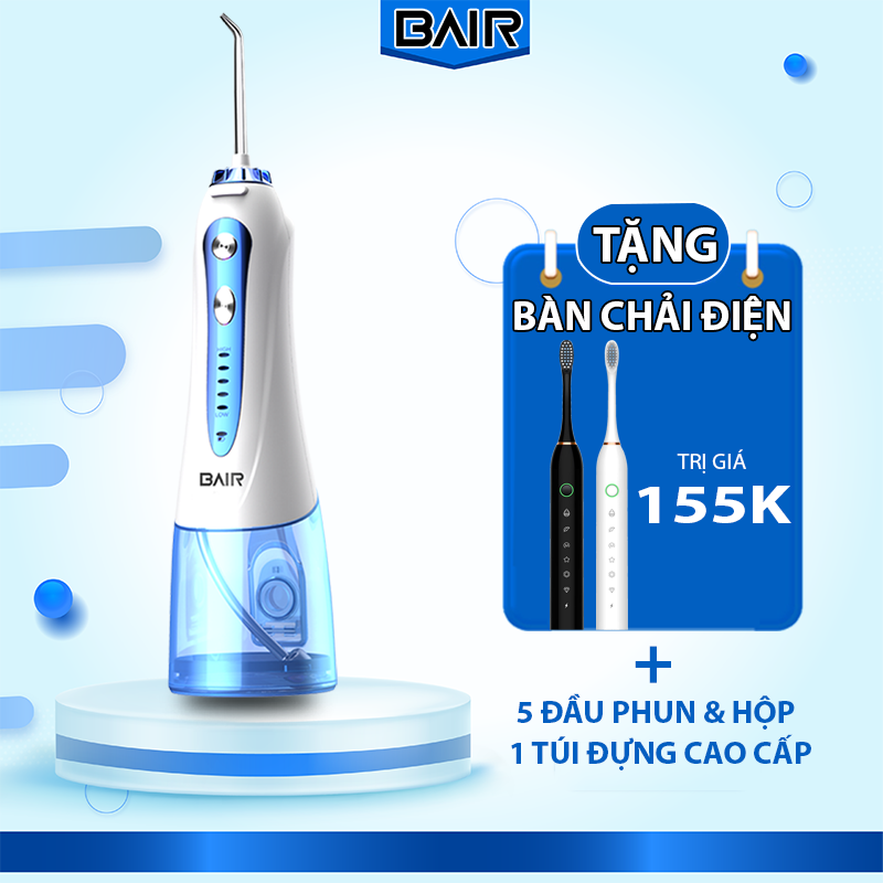 Tăm nước Bair BF - 8 Pro, máy tăm nước Bair chính hãng chăm sóc răng miệng hiệu quả, loại bỏ mảng bám trên răng, không gây tổn thương răng và lợi (Màu trắng xanh)