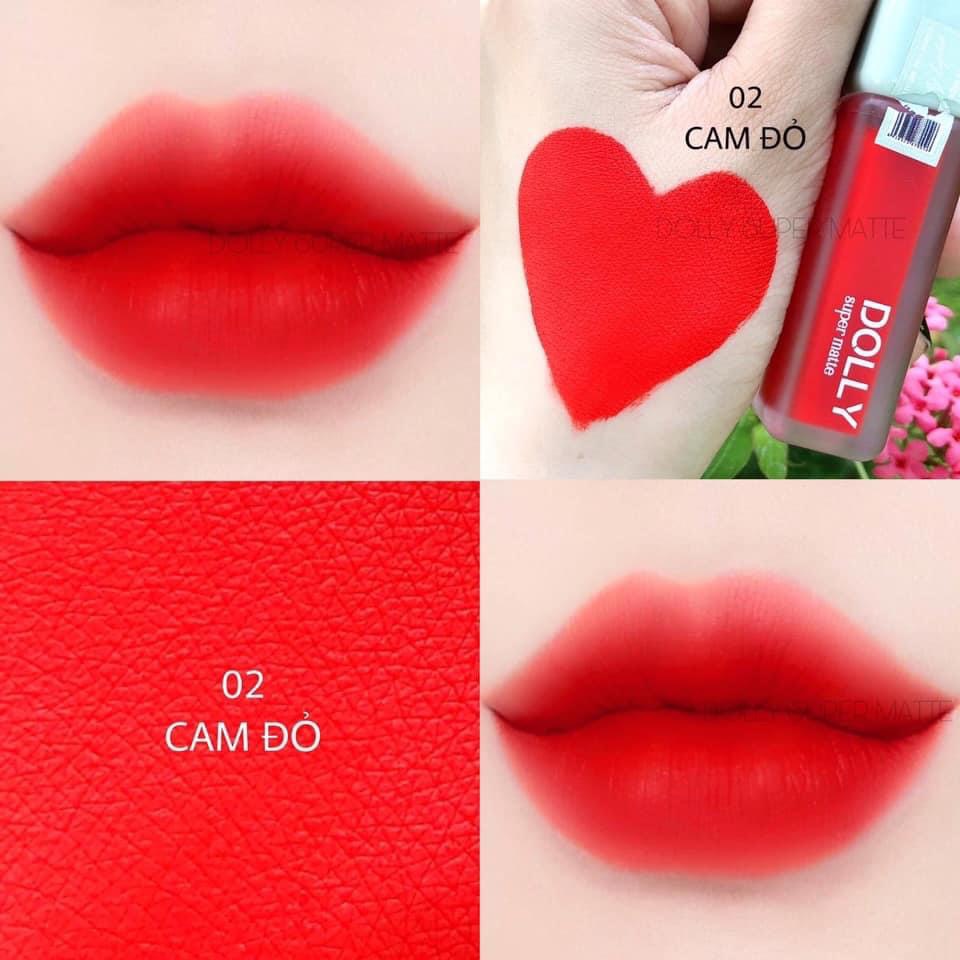[ 02 Cam Đỏ - Đỏ Cam ] Son Kem Lì Dolly Super Matte Không Chì Màu cam đỏ