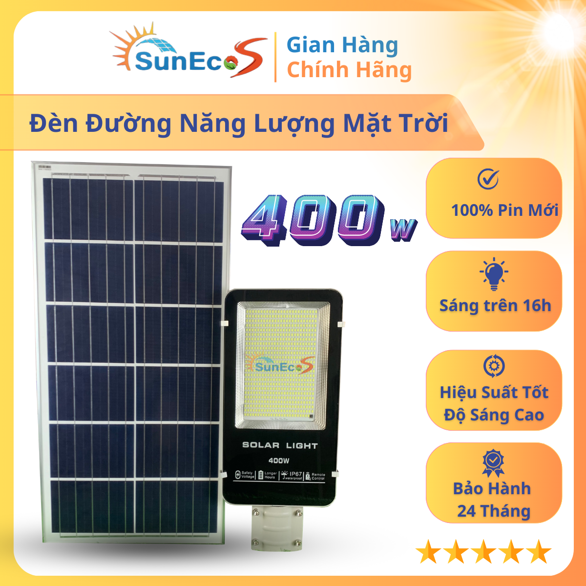 [ NEW ] Đèn đường năng lượng mặt trời 400W 300W 200W SUNECO, Đèn Cao Áp Năng Lượng Mặt Trời, IP67 450 Led siêu sáng dùng ngoài đường phố, sân vườn, công viên, Có remote, cảm biến tự động, dây nối 5m, thời gian sáng 14 - 16h