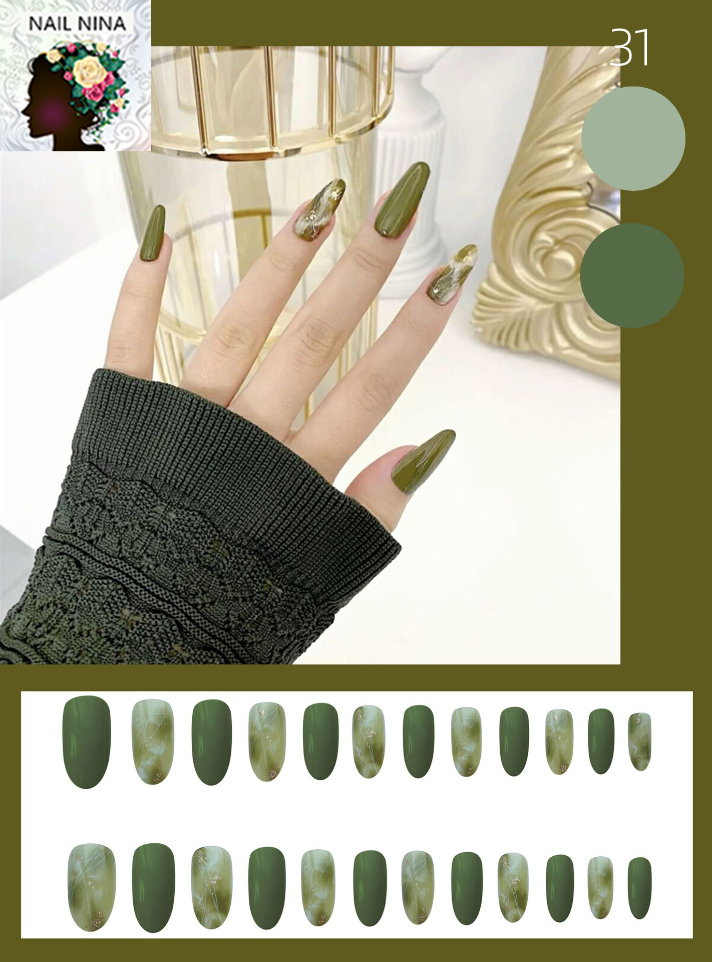 Bộ 24 móng tay giả Nail Nina màu xanh lá cây mã 31【Tặng kèm dụng cụ lắp】