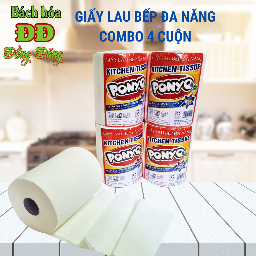 Combo (4 cuộn) giấy cuộn lau bếp đa năng 500g PONYO - giấy lau tay, giấy lau chén bát 2 lớp cao cấp
