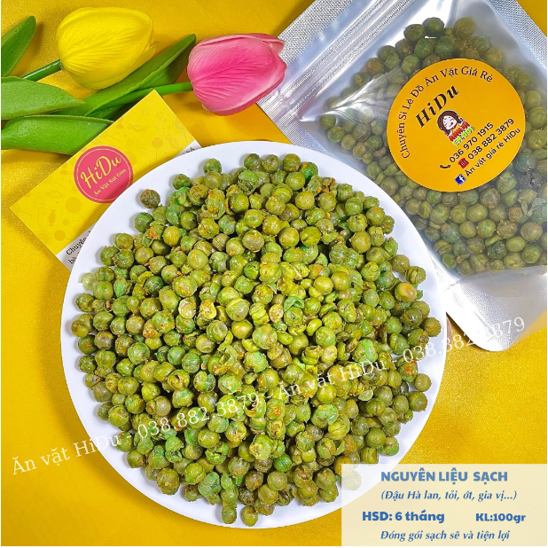 Đậu Hà lan tỏi ớt rang muối 100gr sấy giòn tẩm vị Ăn vặt HiDu vừa ngon vừa rẻ