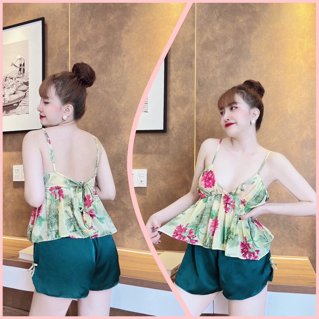 👉👉siêu phẩm đồ ngủ 👉👉sét áo gấp ly chiffon voan quần đùi lụa cao cấp freezie 60kg