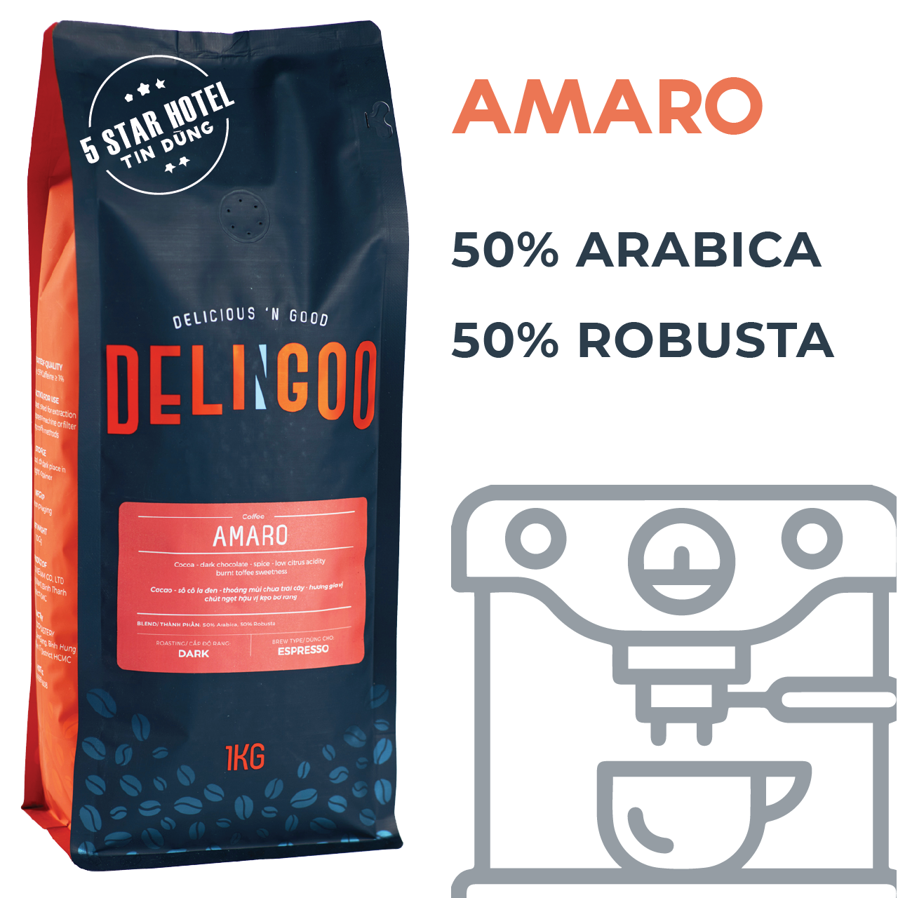 Cà phê hạt nguyên chất pha máy 50 % arabica, 50 % robusta honey delingoo coffee gói 1 kg