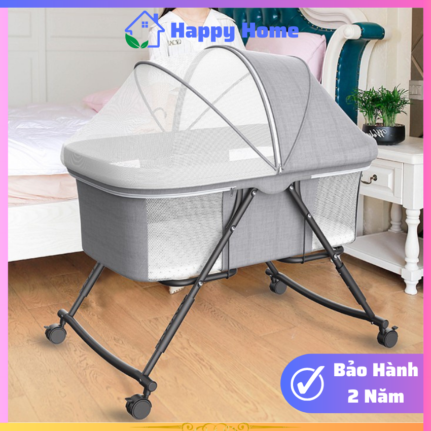 Nôi cho bé gấp gọn có đai và gối chống trào ngược kèm ( GỐI, ĐỆM, MÀN ), Nôi em bé sơ sinh có điều chỉnh độ cao - Happy Home