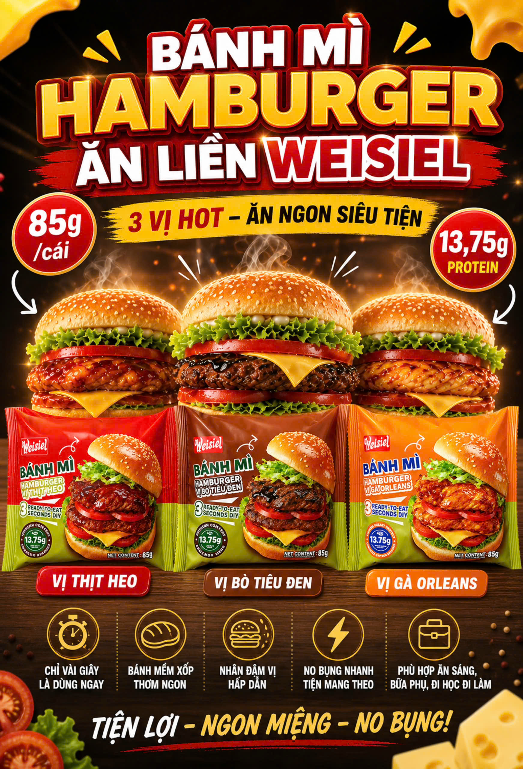 [ COMBO 6 CÁI ] BÁNH HAMBUGER ĂN LIỀN WEISIEL [ MIX ĐỦ VỊ ] [ COMBO 3 CÁI ] HOT TREND