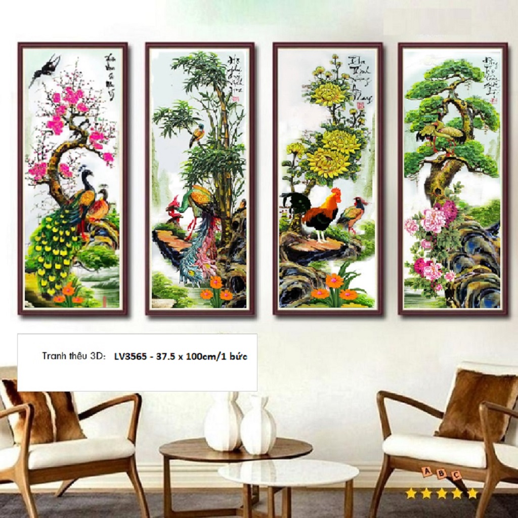 Tranh thêu chữ thập tứ quý Xuân Hạ Thu Đông - Tranh thêu kín