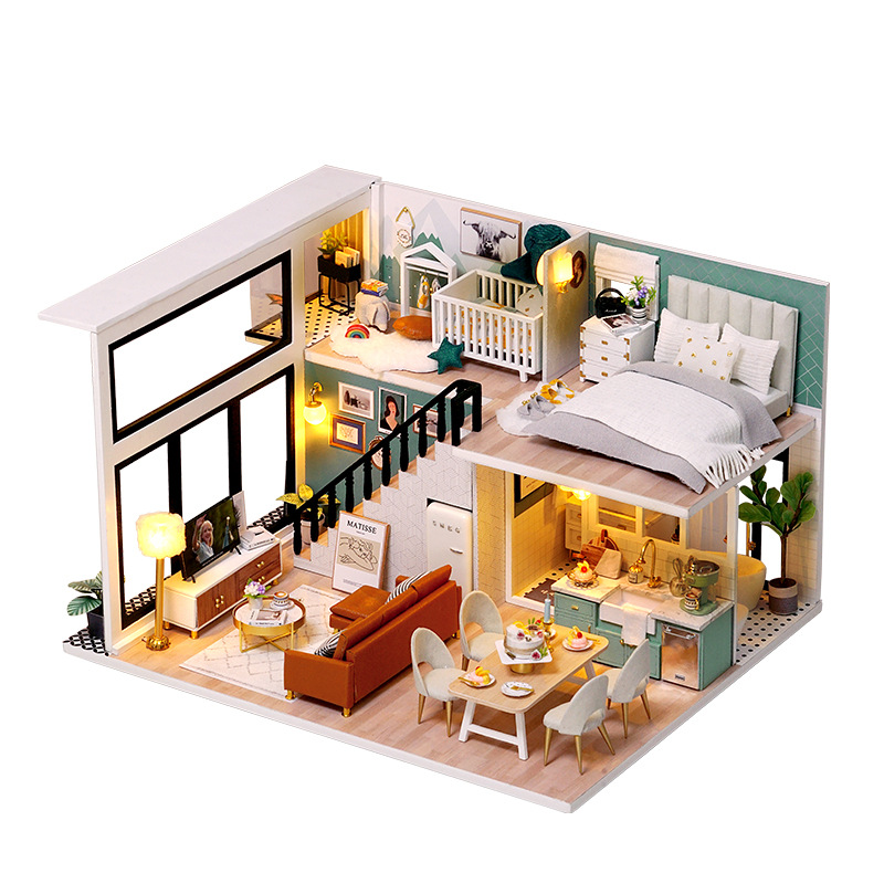 Nhà búp bê lắp ráp Barbie DIY bằng gỗ có đèn Led, mẫu Comfortable Life tặng kèm dụng cụ lắp ráp, keo