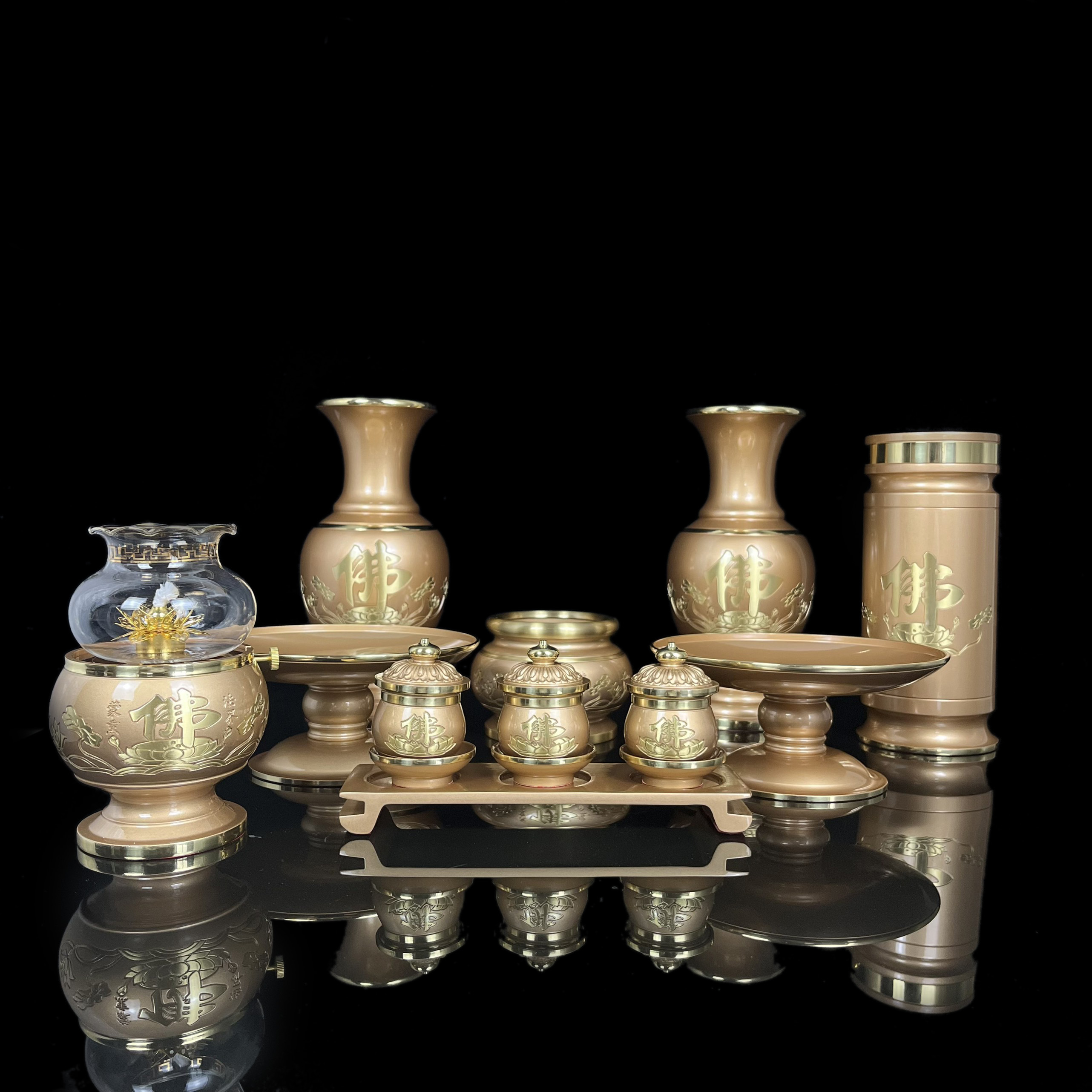 Bộ thờ cúng lư, bình , dĩa , đèn dầu , xông trầm bằng đồng cao cấp - phật giáo tường thuận