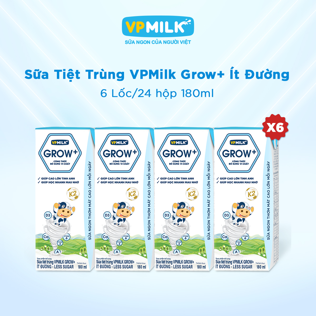 [6 Lốc 180ml] Sữa Tiệt Trùng VPMilk Grow+ Ít Đường Cho Bé Từ 1 Tuổi