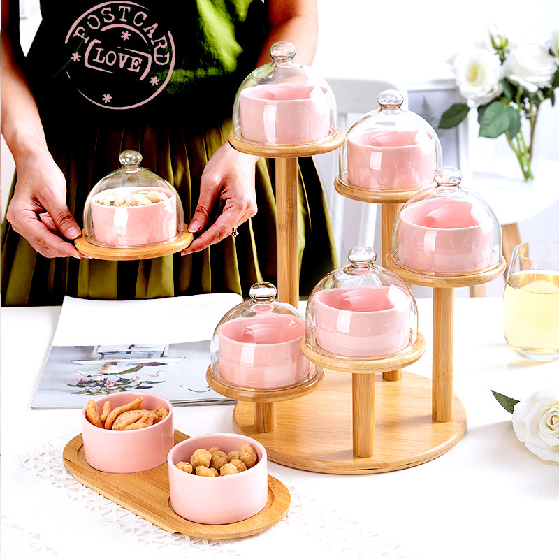 Khay đựng mứt 5 tầng hũ sứ, nắp chụp thủy tinh