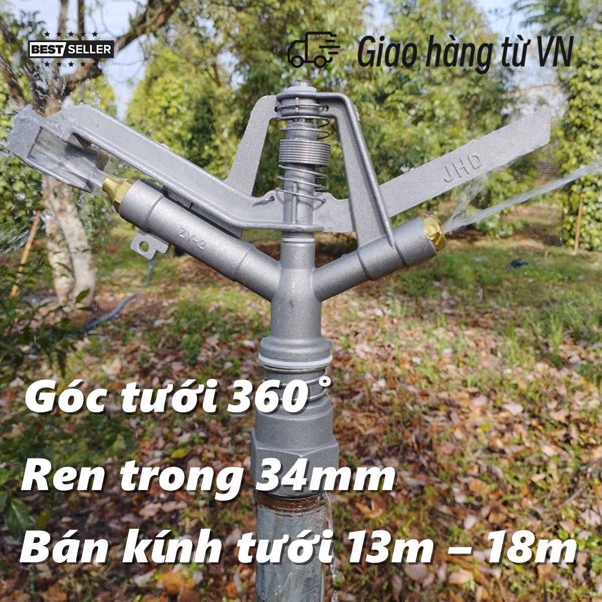 Béc phun cánh đập bán kính 12 - 18m ren trong 34, béc tưới phun mưa hợp kim nhôm 2 tia zy-2