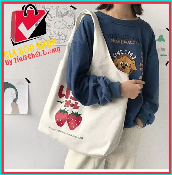 [HÀNG CHẤT LƯỢNG] Túi Vải Tote Cỡ Lớn Trái Đào Và Cô Gái M565 - 100style.net