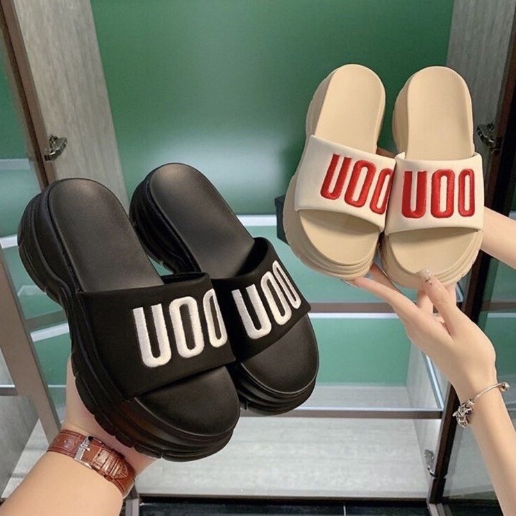 Dép đế xuồng 5p quai bản lớn thêu UOO - Dép nữ độn đế tăng chiều cao X022