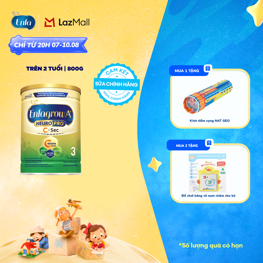 [CHỈ TỪ 13/08 MUA LÀ CÓ QUÀ] [Cho cả trẻ sinh mổ] Sữa bột Enfagrow A+ NeuroPro 3 C-Sec 800g cho trẻ trên 3 tuổi