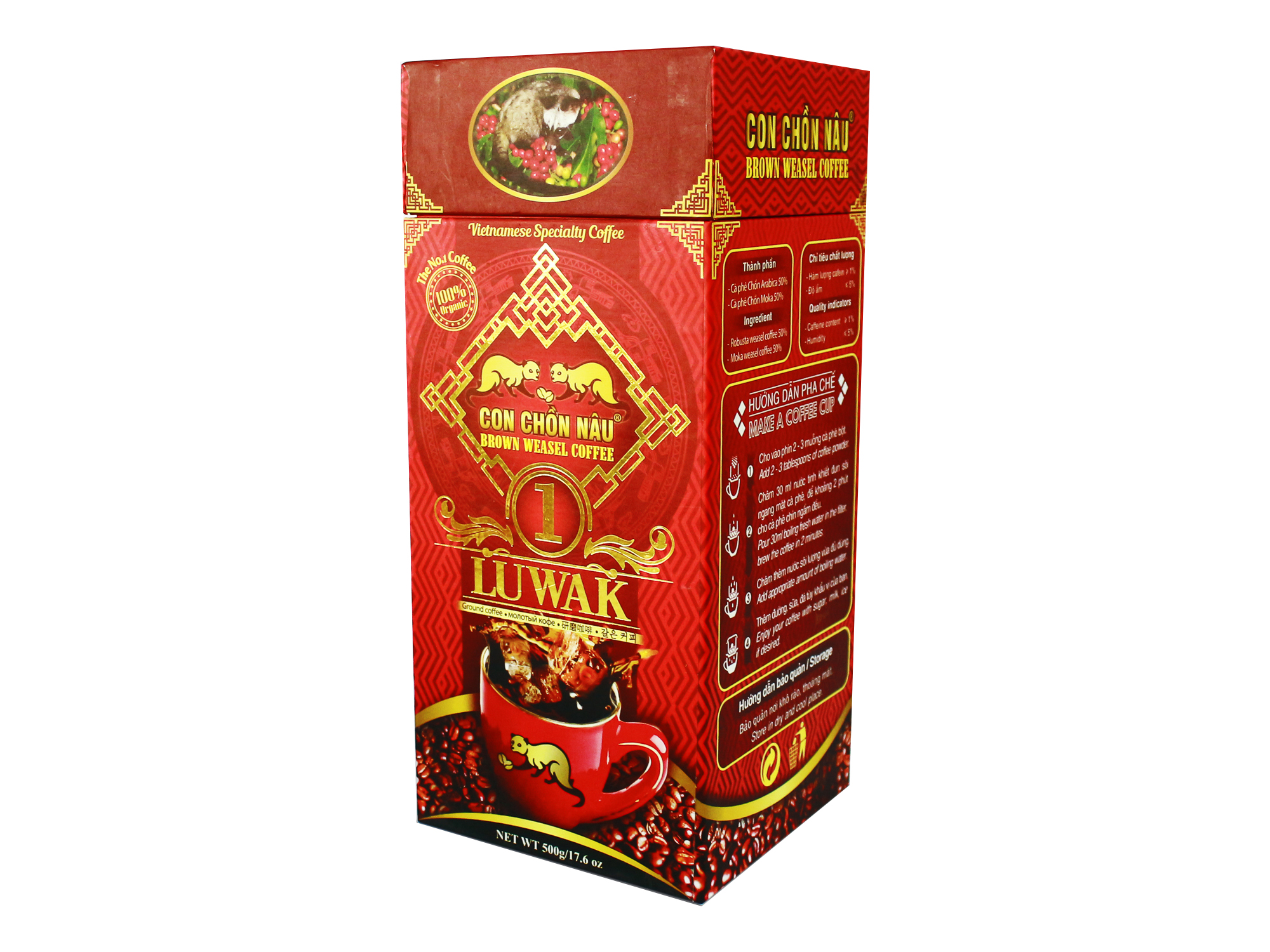Cà Phê Bột Con Chồn Nâu Luwak Hộp Đỏ 500g - Con Chồn Vàng