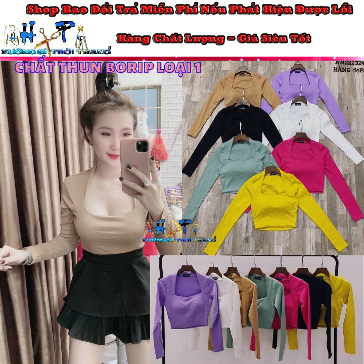 Áo croptop thun kiểu dài tay nữ cổ vuông có mút ngực siêu xinh mẫu mới thời trang 2021