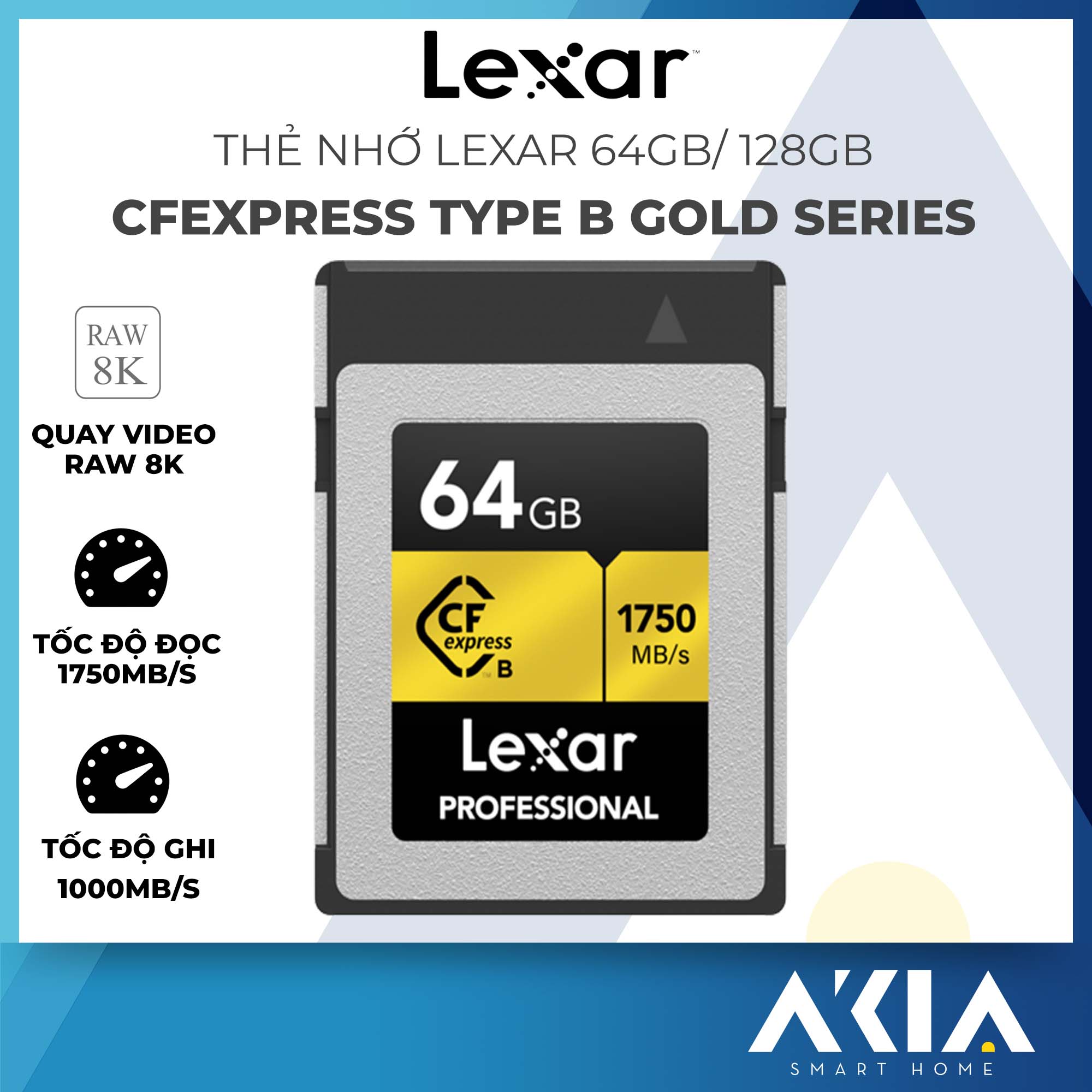 Thẻ nhớ cfexpress type b 64gb/ 128gb lexar gold series, quay video raw 8k, tốc độ đọc lên đến 1750mb/s, ghi 1000mb/s