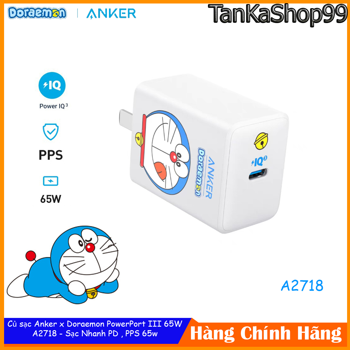 Củ Sạc Anker x Doraemon PowerPort III 65W Pod Lite - A2718, Hỗ Trợ Sạc Nhanh PD, Qc , PPS 65w