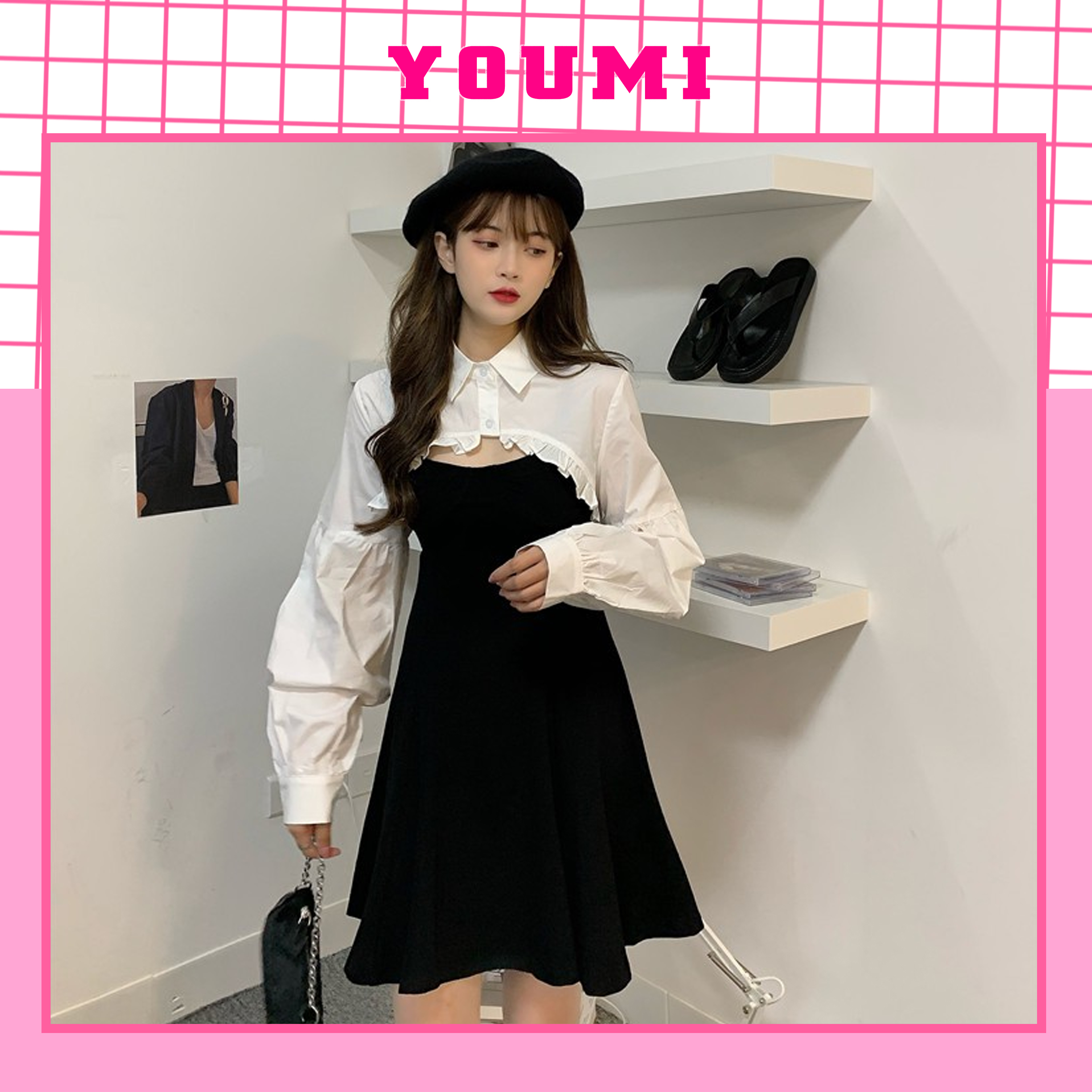 Set váy 2 dây body xòe mix áo sơ mi nữ bánh bèo croptop dài tay nữ đồ bộ nữ tiểu thư xinh xắn YOUMI SV011