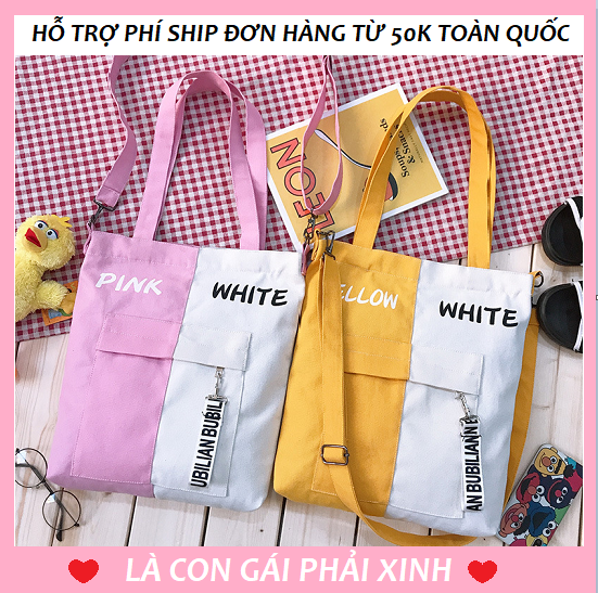 Túi Tote Phối Pink-White Yellow-White Black-White Blue-White Black-Blush