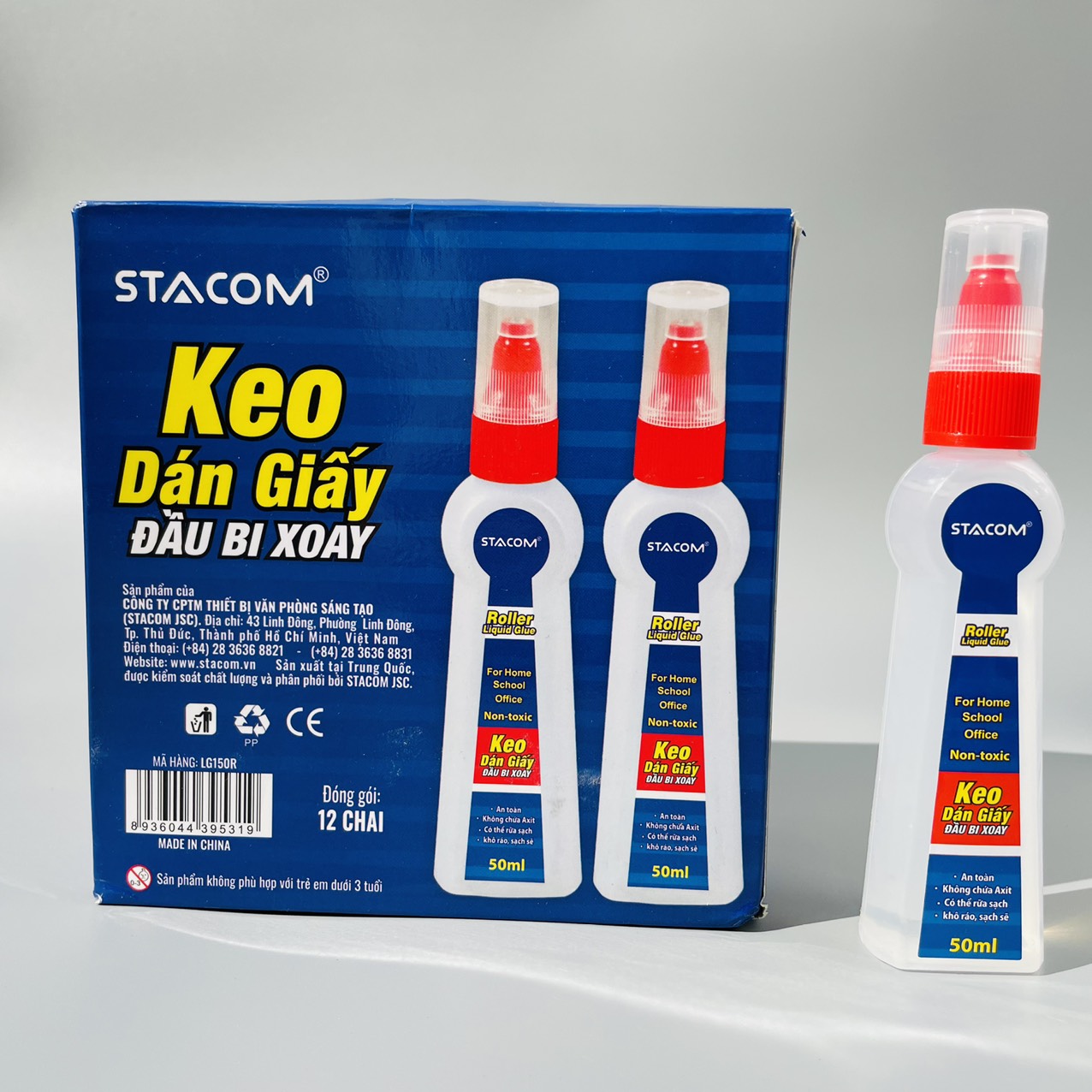 Combo hộp 12 lọ hồ dán nước đầu bi/ keo dán giấy văn phòng Stacom LG150R- Lọ 50ml
