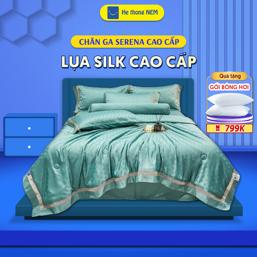 Bộ chăn ga gối đệm 5 món cao cấp Lụa Silk mịn mát, hoa văn chìm, nhiều màu SERENA chính hãng