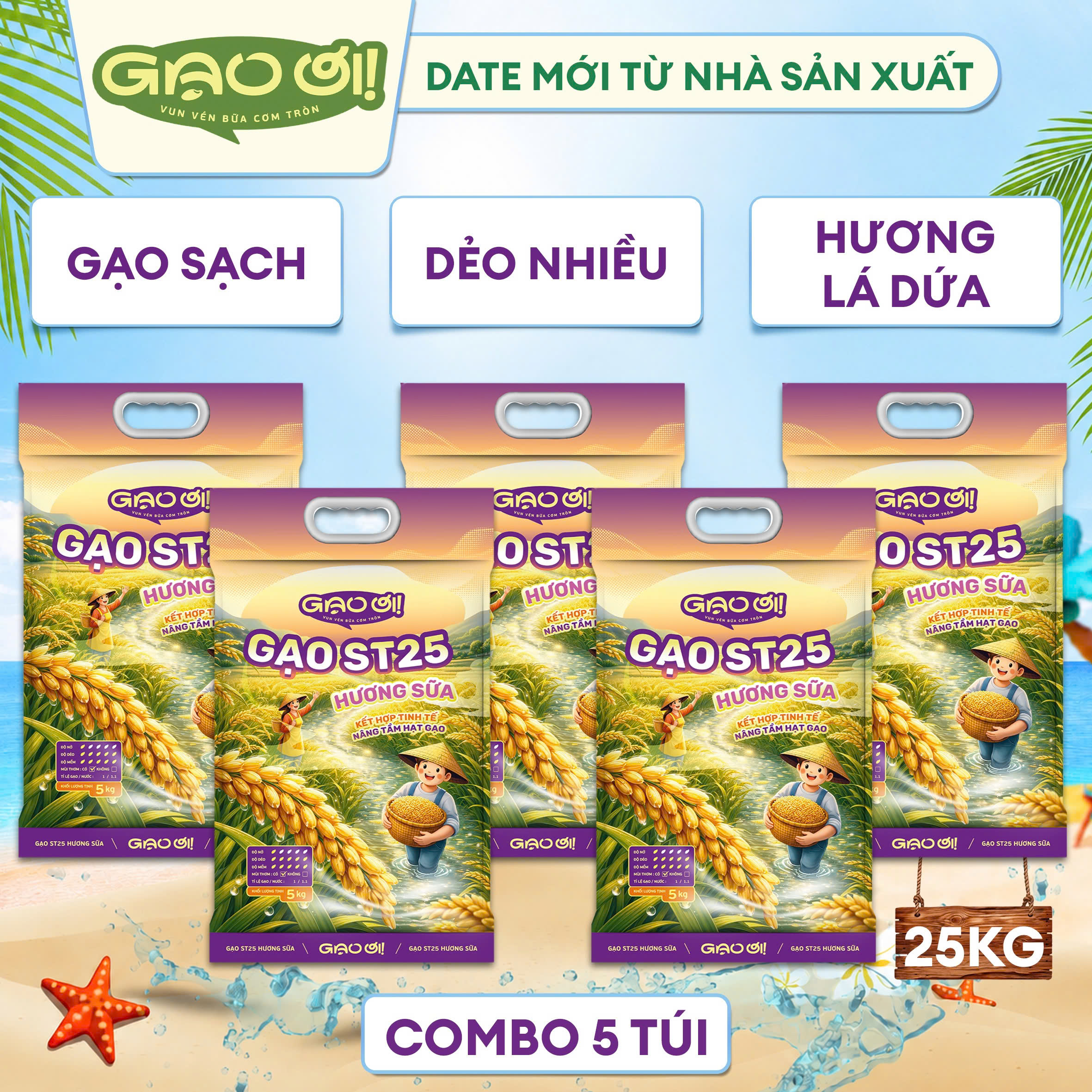 Combo 5 Túi Gạo Thơm ST25 Hương Sữa Gạo Ơi túi 5kg - Gạo Thơm Ngon, Dẻo Nhiều, Vị Đậm Đà - Tổng 25kg