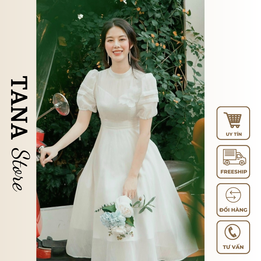 Đầm Dự Tiệc Đầm Xòe Cổ Tròn Vải Dày Dặn Phù Hợp Mặc Đi Tiệc Váy Trắng TANA D0503