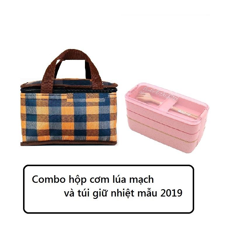 Combo hộp cơm, muỗng, nĩa lúa mạch 900ml và túi giữ nhiệt kiểu ngang mẫu 2020