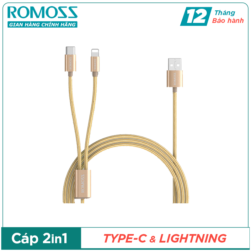Cáp sạc nhanh romoss cb21a 2in1 usb to lightning / type c dài 1.5m
