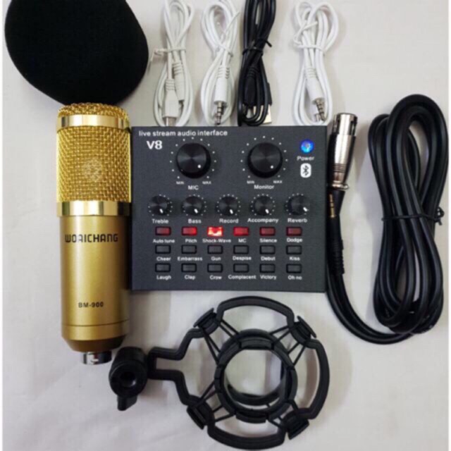 Trọn Bộ Hát Thu Âm Sound-Card V8 Micro BM900 Live Stream Oneline Tại Nhà - Bộ hát karaoke livestream giá rẻ - Combo Mic Livestream Hát Karaoke Chỉnh Giọng Chuyên Nghiệp.