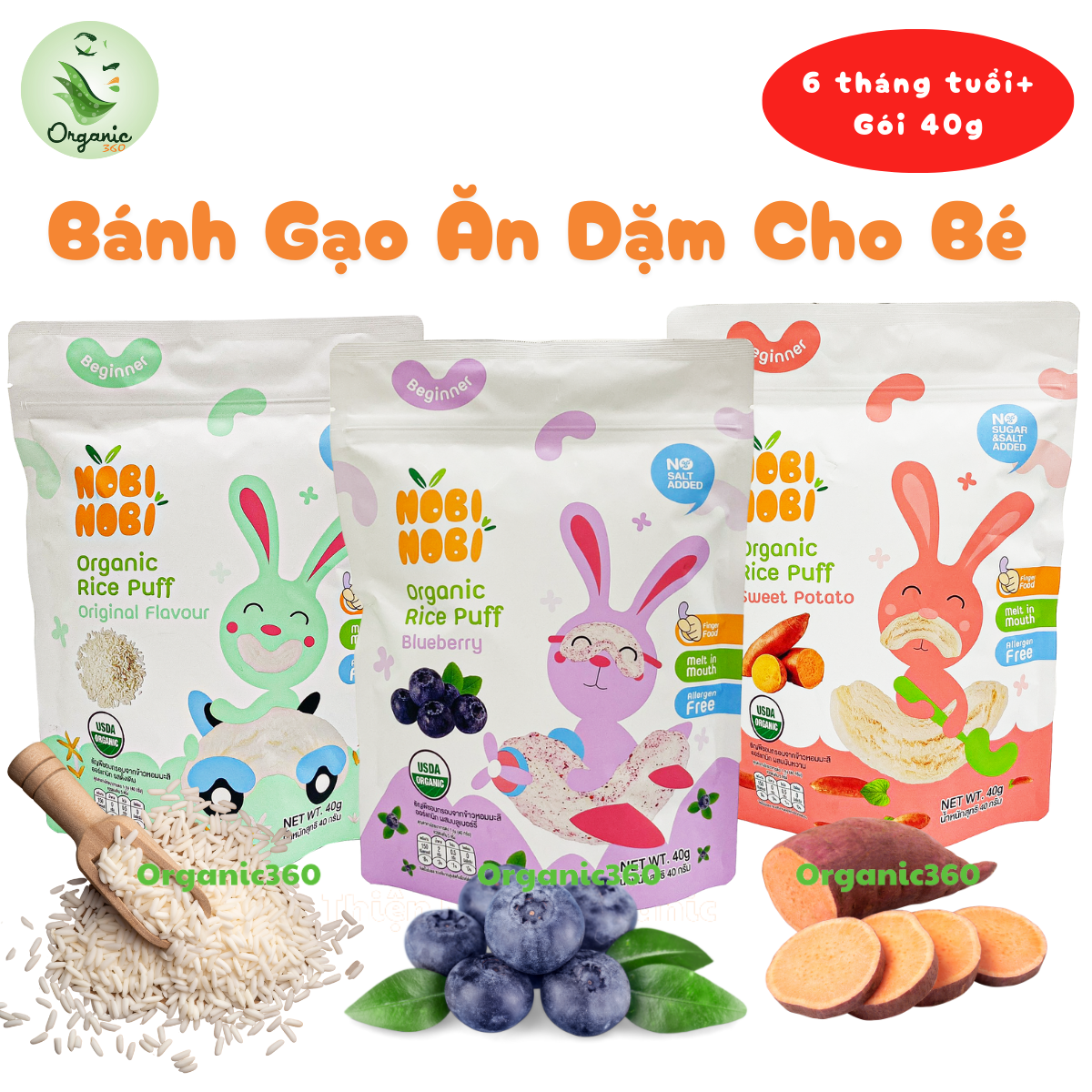 Snack Bánh Gạo Ăn Dặm Hữu Cơ NOBI NOBI 40g Cho Bé Từ 6 Tháng Tuổi Không Muối, Không Đường