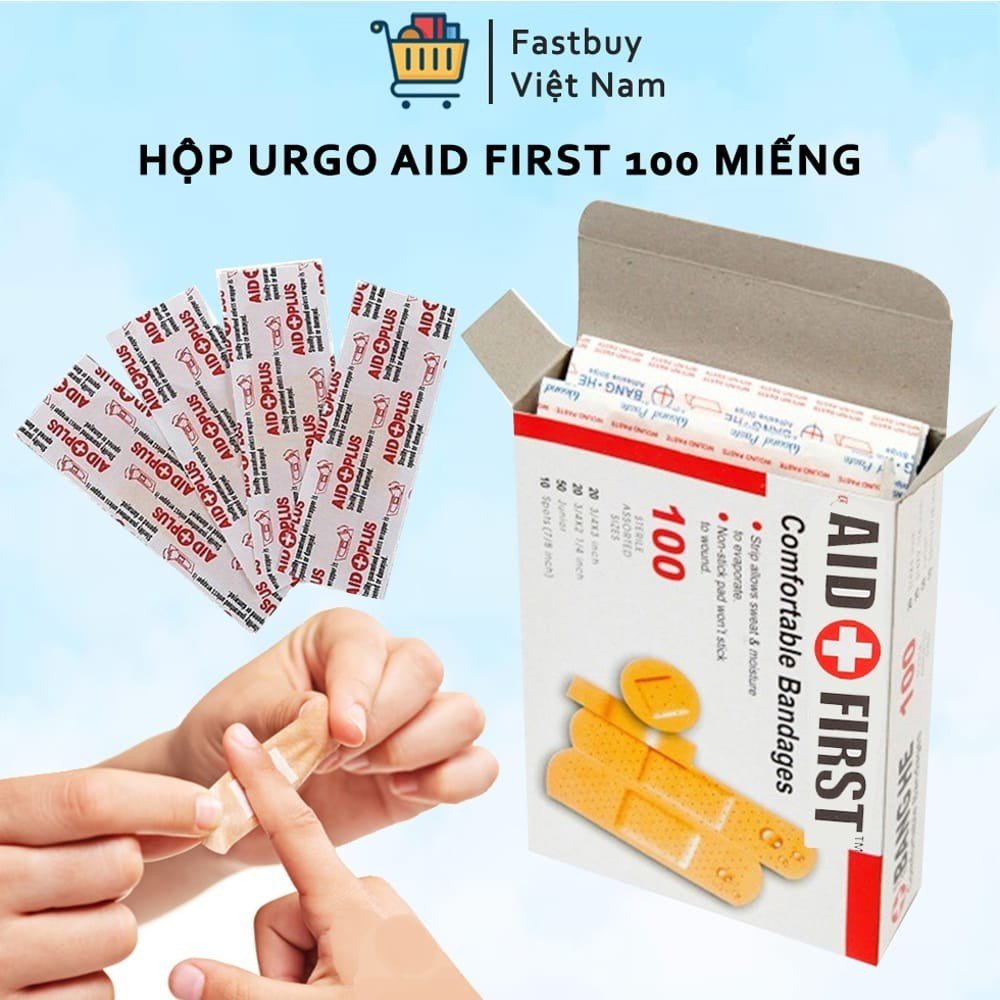 Hộp 100 Miếng Dán, Băng Dán Cá Nhân, Băng Gạt Y Tế URGO AID FIRST Đủ Kích Cỡ Cần Thiết Cho Tủ Y Tế Gia Đình