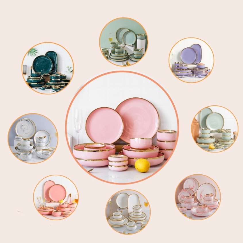 Bộ Bát đĩa gốm sứ (26 MÓN ) lòng trắng vân đá Xanh viền vàng tinh tế cao cấp,  sang trọng dùng trong bữa ăn gia đình nhà hàng khách sạn