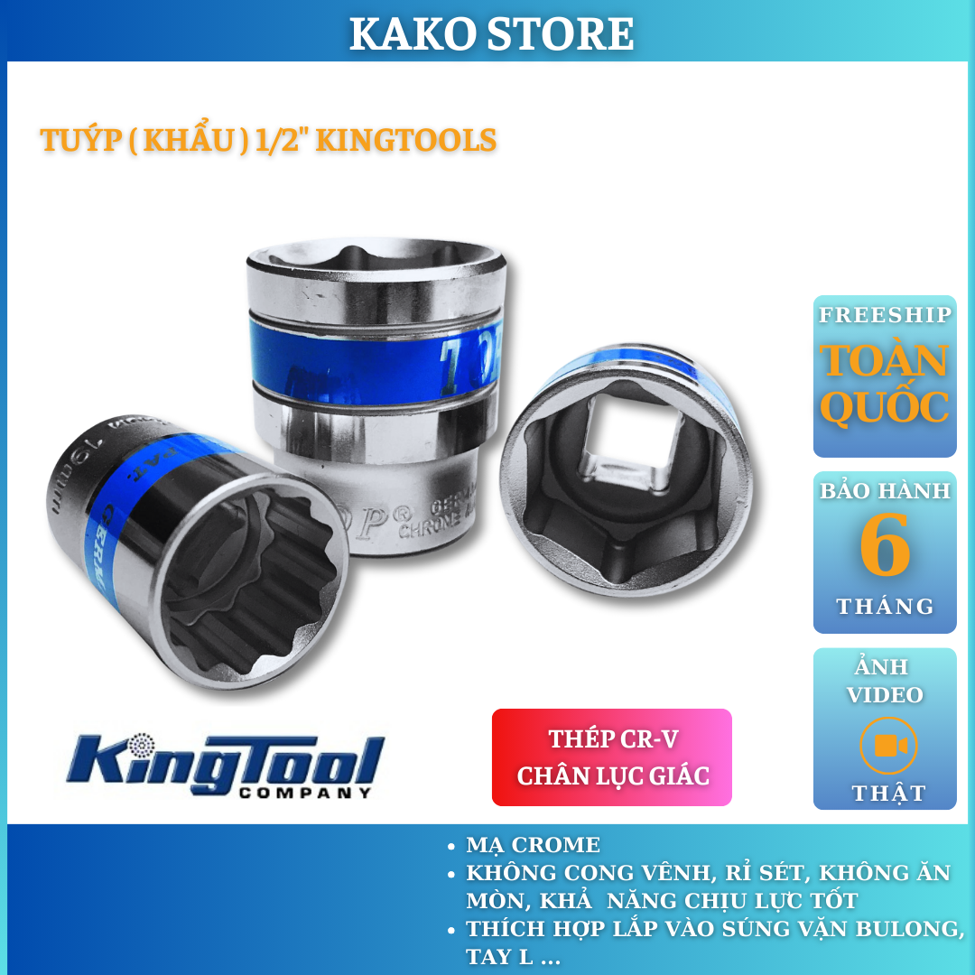 Đầu tuýp 1/2 lục giác đủ số Đầu tuýp 8-32mm Thương hiệu Kingtools.