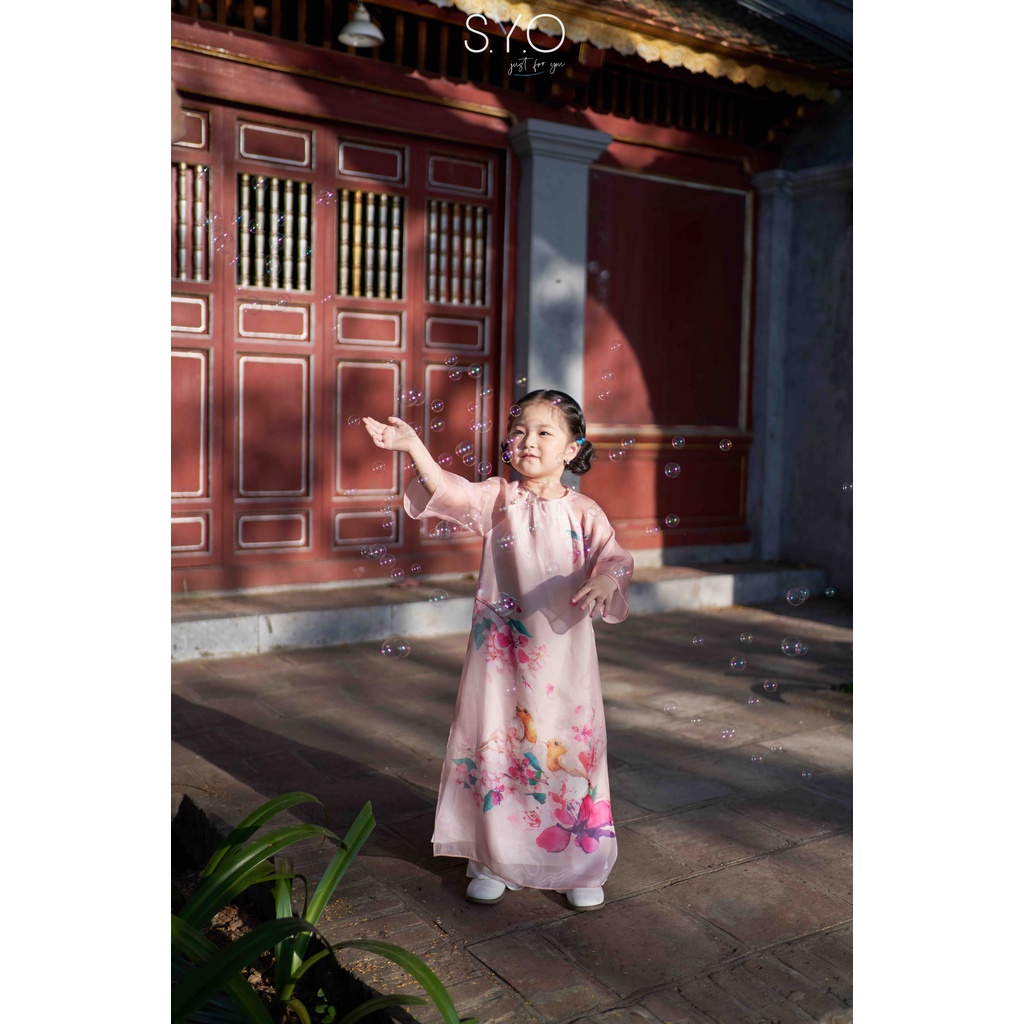 Áo dài kid in hoa anh đào màu hồng a5011