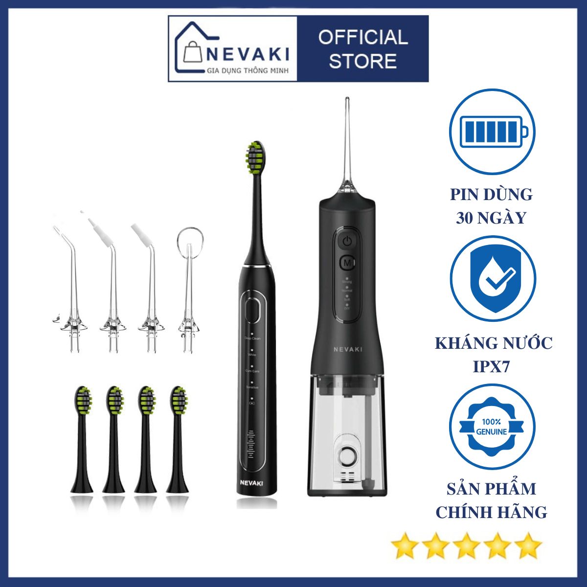 Combo bàn chải đánh răng điện NEVAKI Y06 và máy tăm nước NEVAKI L06 làm sạch răng miệng chuyên nghiệp