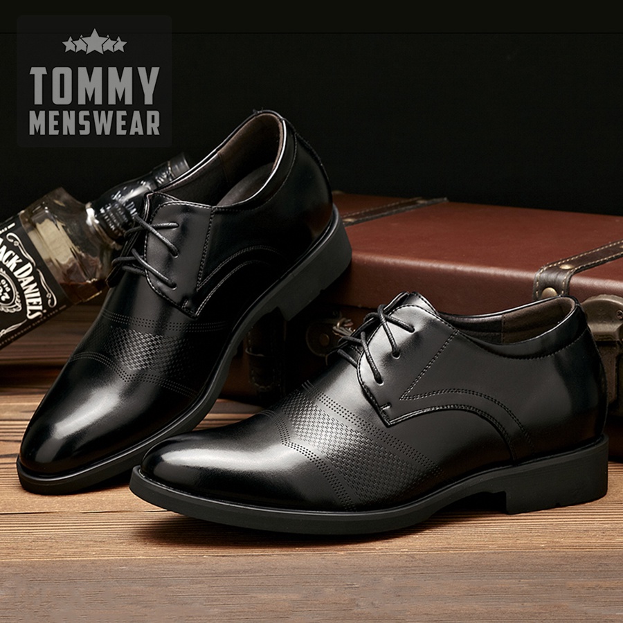 Giày Da Nam Buộc Dây Công Sở Hàn Quốc TOMMY Giày Tăng Chiều Cao Nam Đen Trẻ Trung GD46
